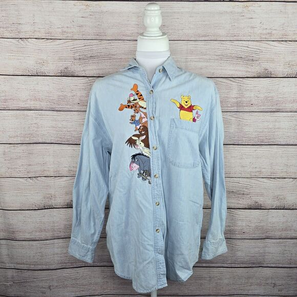 VTG The Disney Store Pooh & Friends Embroidered Denim Button Front Shirt Medium - Picture 1 of 11